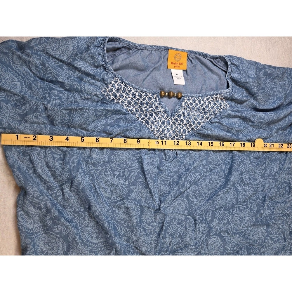 Ruby Rd Petite Large Blue Lyocell Floral Boho Peasant Top Smocked Neck Tassel... - Picture 6 of 8